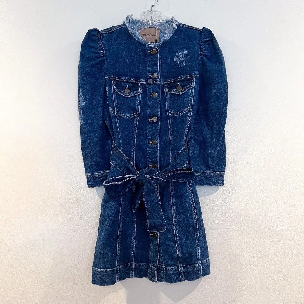 Retrofete Jaime Denim Button Down Quarter Sleeve Tie Waist Distressed Mini Dress - Picture 2 of 12